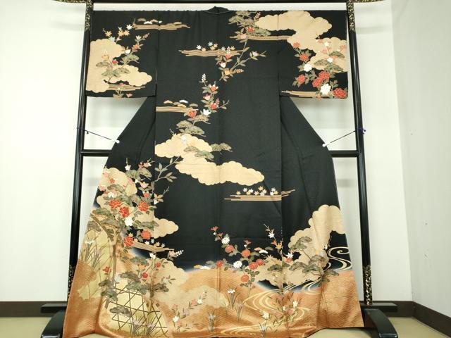 平和屋着物●訪問着 駒刺繍 雲取り籬花文 黒地 暈し染め 金彩 やまと誂製 正絹 逸品 未使用 DABA1550ps