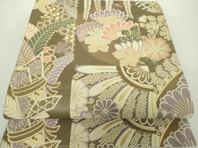 平和屋着物●六通柄　本袋帯　立波片輪車花文　金糸　やまと誂製　正絹　逸品　DABA1633ps 平和屋着物○六通柄 本袋帯 立波片輪車花文 金糸 やまと誂製 正絹 逸品
