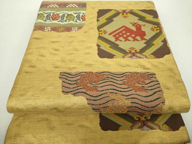 平和屋着物○六通柄袋帯 名物裂花文 金糸 金通し地 正絹 逸品 DABA1636ps