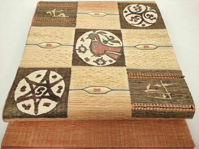 平和屋着物▽スリーシーズン　春夏秋　太鼓柄袋帯　すくい織　枝花文　銀糸　正絹　逸品　DAAZ4219cm 平和屋着物○太鼓柄袋帯 スリーシーズン帯 春 夏 秋 すくい織 もじり