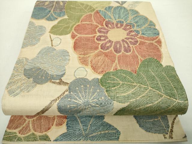 平和屋着物●六通柄袋帯 紬地 草花文 金糸 正絹 逸品 DABA1654ps