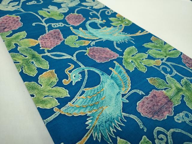 平和屋着物●太鼓柄袋帯 作家物 紬地 ろうけつ染め 花鳥文 正絹 逸品 DABA1657ps