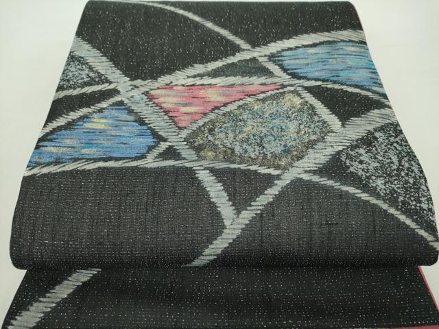 平和屋着物●太鼓柄袋帯 作家物 紬地 霞文 黒地 金彩 銀通し地 正絹 逸品 未使用 DABA1713ps