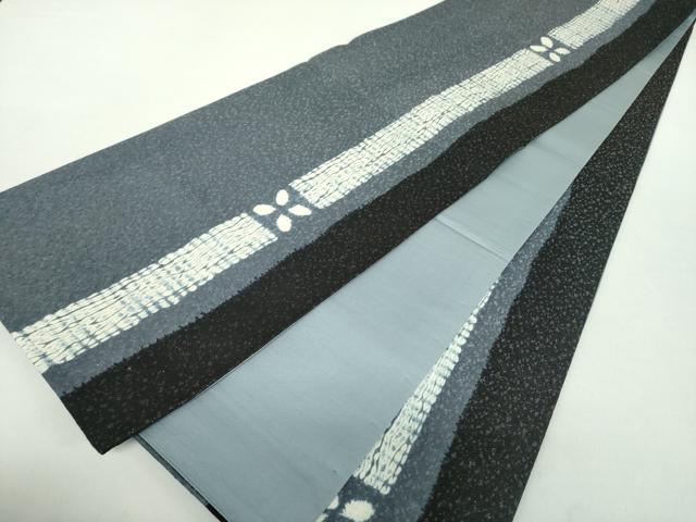 平和屋着物●太鼓柄袋帯 杢目絞り 梅文 間道 金彩 銀通し地 正絹 逸品 未使用 DABA1714ps