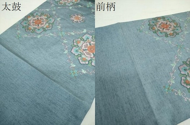 平和屋着物●太鼓柄袋帯 紬地 総刺繍 格子花文 正絹 逸品 未使用 DABA1716ps