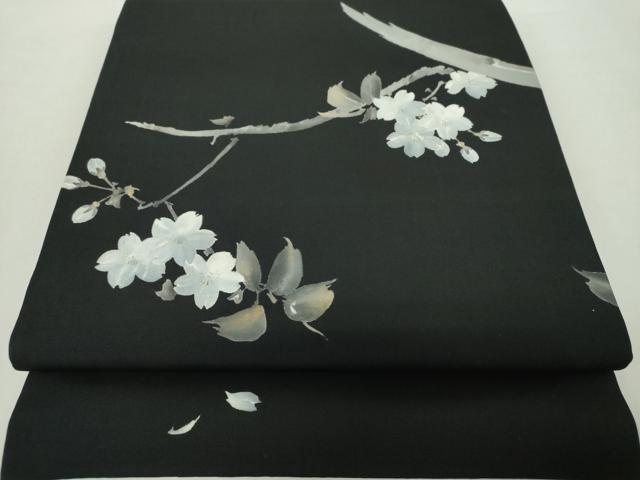 平和屋着物●塩瀬 両面 太鼓柄袋帯 手描き 枝桜 黒地 金彩 正絹 逸品 DABA1719ps