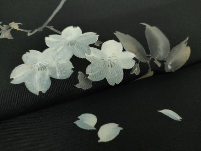 平和屋着物●塩瀬 両面 太鼓柄袋帯 手描き 枝桜 黒地 金彩 正絹 逸品 DABA1719ps