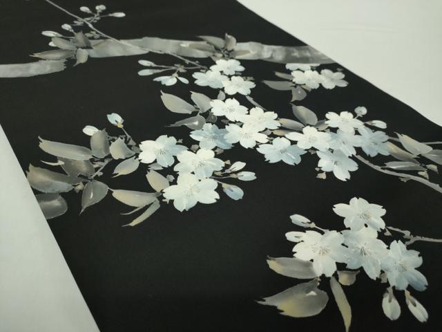 平和屋着物●塩瀬 両面 太鼓柄袋帯 手描き 枝桜 黒地 金彩 正絹 逸品 DABA1719ps