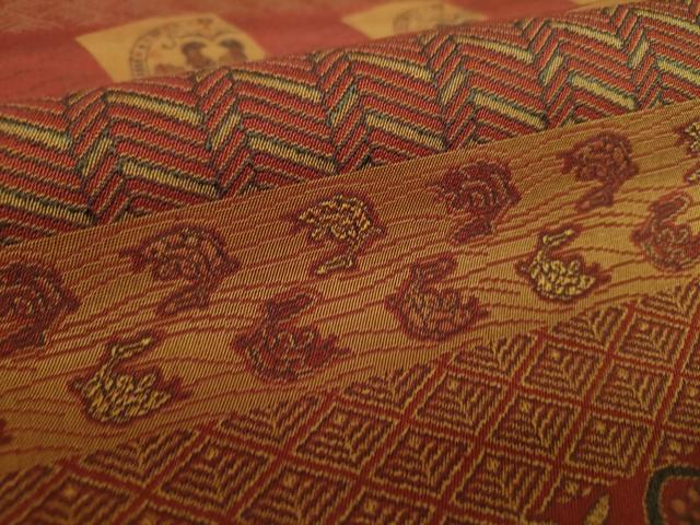 平和屋着物●全通柄九寸名古屋帯 名物裂花文 笹蔓緞子 正絹 逸品 DABA1724ps