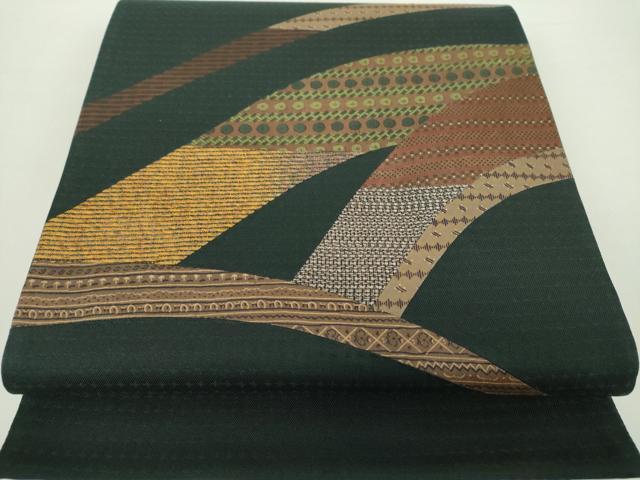 平和屋着物●太鼓柄袋帯 切嵌 花菱文 黒地 正絹 逸品 未使用 DABA1746ps