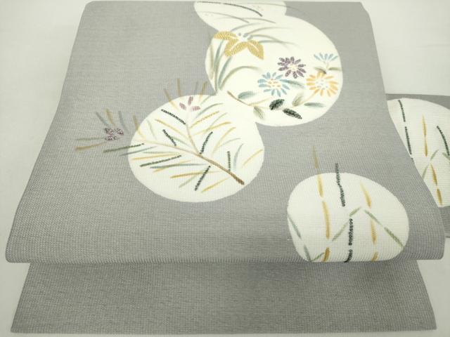 平和屋着物●中国三大刺繍 相良刺繍 九寸名古屋帯 手描き 花丸文 金彩 正絹 逸品 未使用 DABA1815ps