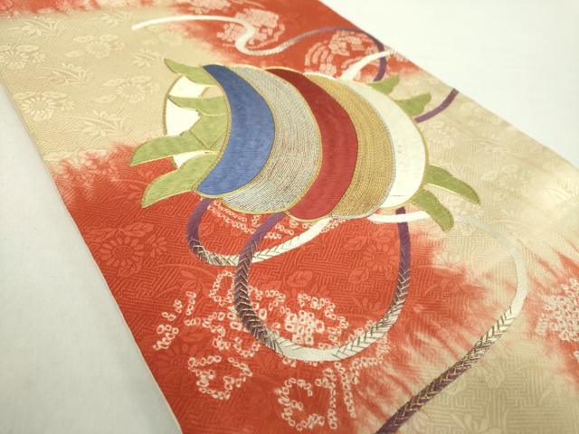 平和屋着物●アンティーク 大正ロマン 太鼓柄袋帯 駒刺繍 手刺繍 絞り 糸車花文 金銀糸 正絹 逸品 DABA1820ps