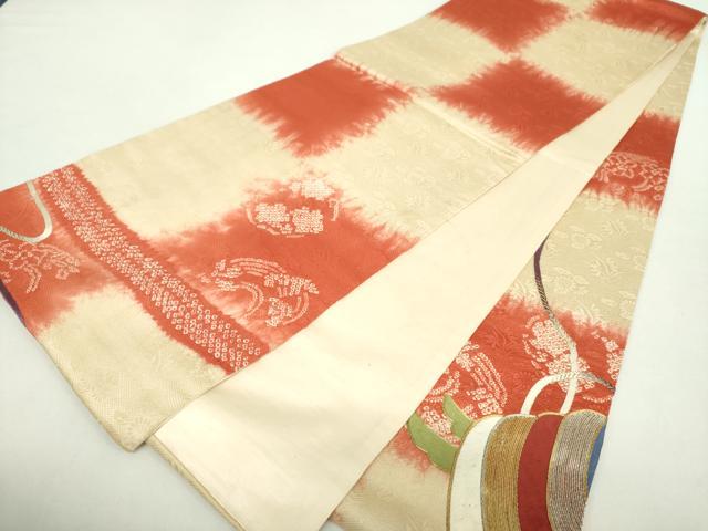 平和屋着物●アンティーク 大正ロマン 太鼓柄袋帯 駒刺繍 手刺繍 絞り 糸車花文 金銀糸 正絹 逸品 DABA1820ps