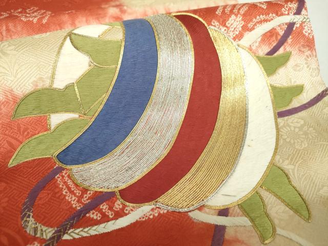 平和屋着物●アンティーク 大正ロマン 太鼓柄袋帯 駒刺繍 手刺繍 絞り 糸車花文 金銀糸 正絹 逸品 DABA1820ps