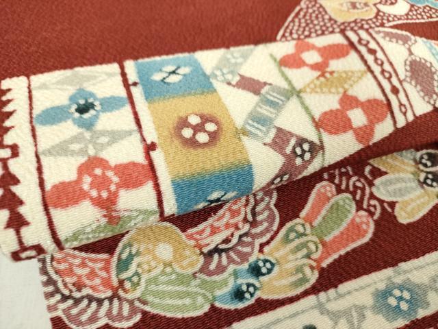平和屋着物●九寸名古屋帯 型染 草木手染 更紗花鳥文 鬼しぼ縮緬 正絹 逸品 DABA1830ps