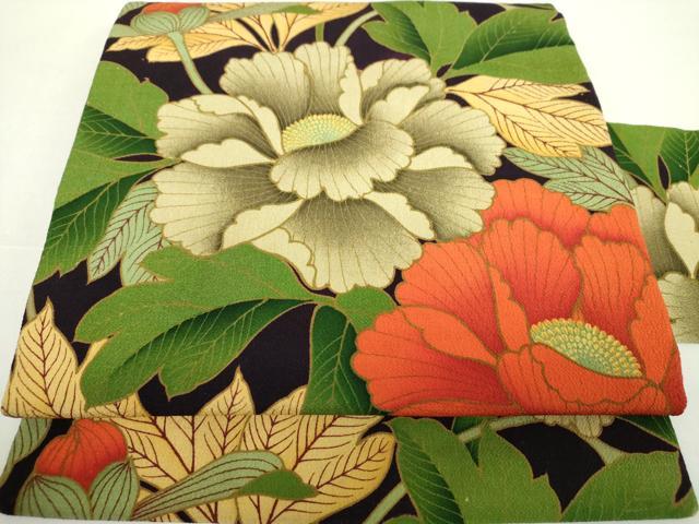 平和屋着物●創作　全通柄九寸名古屋帯　大輪の花　黒地　正絹　逸品　DABA1845ps 平和屋着物○創作 全通柄九寸名古屋帯 大輪の花 黒地