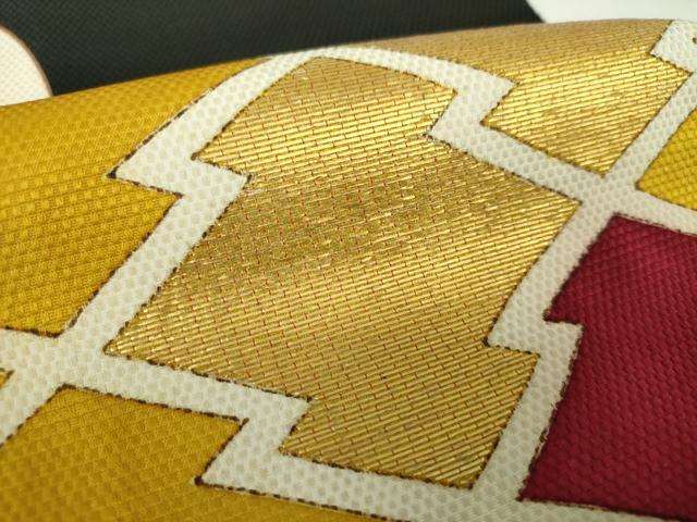 平和屋着物●アンティーク 大正ロマン 九寸名古屋帯 駒刺繍 竹屋町刺繍 松皮菱花文 黒地 金彩 正絹 逸品 DABA1855ps