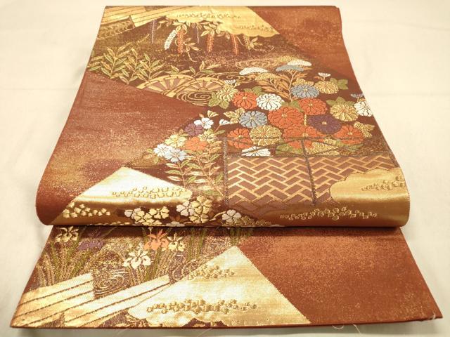 平和屋着物◎六通柄袋帯 唐織 山水菊蒔絵 金糸 引箔 正絹 逸品 DABA2028jm