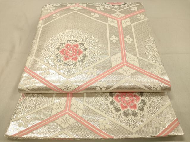 平和屋着物◎六通柄袋帯 唐織 亀甲正倉院花文 銀糸 正絹 逸品 DABA2068jm