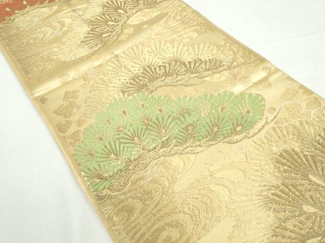 平和屋着物◎六通柄袋帯 唐織 都緞子 流水枝松文 金糸 正絹 逸品 DABA3041qa
