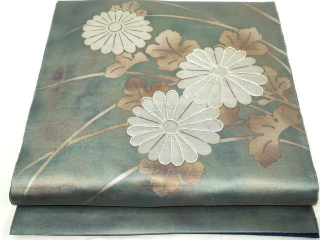 平和屋着物◎太鼓柄袋帯 駒刺繍 草花文 引箔 正絹 逸品 DABA3051qa