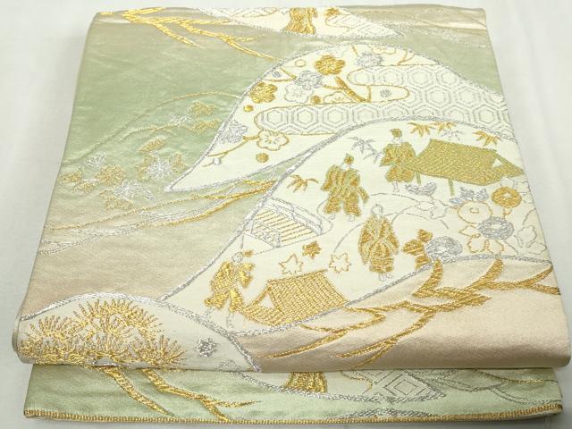 平和屋着物◎六通柄袋帯 風景人物文 松竹梅 金銀糸 正絹 逸品 DABA3052qa