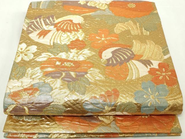 平和屋着物◎六通柄袋帯 ふくれ織 鴛鴦花文 金糸 正絹 逸品 DABA3066qa