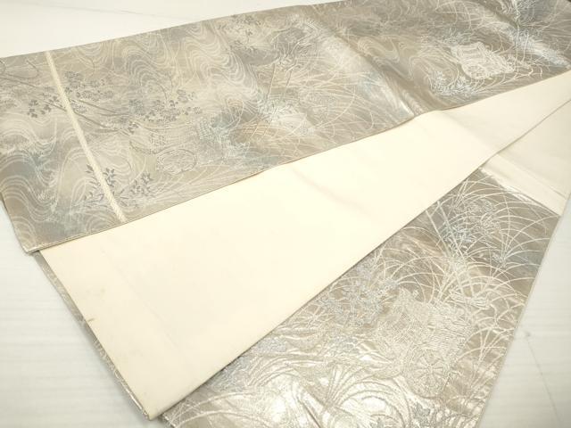 平和屋着物◎六通柄袋帯 御所車花文 銀糸 正絹 逸品 DABA3208qa