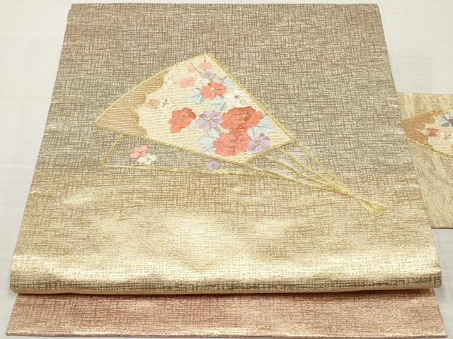 平和屋着物◎九寸名古屋帯 駒刺繍 総刺繍 扇面花文 金糸 正絹 逸品 DABA3226qa