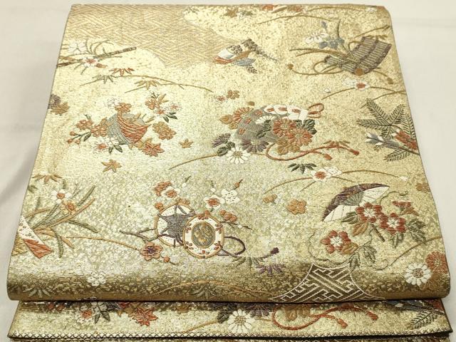 平和屋着物◎六通柄袋帯 唐織 雲取り扇面花文 金糸 正絹 逸品 DABA3421qa