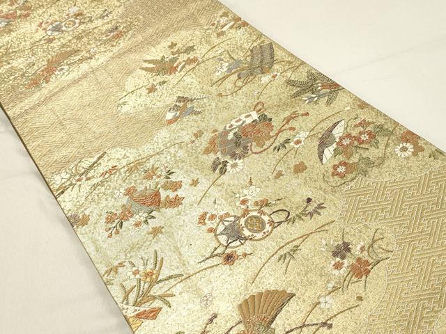 平和屋着物◎六通柄袋帯 唐織 雲取り扇面花文 金糸 正絹 逸品 DABA3421qa