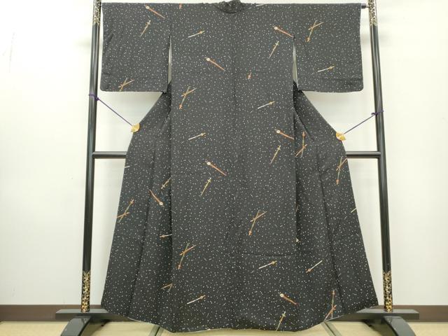 平和屋着物■上質な小紋 簪 霞文 黒地 金彩 正絹 逸品 DABA3481qa