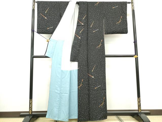 平和屋着物■上質な小紋 簪 霞文 黒地 金彩 正絹 逸品 DABA3481qa