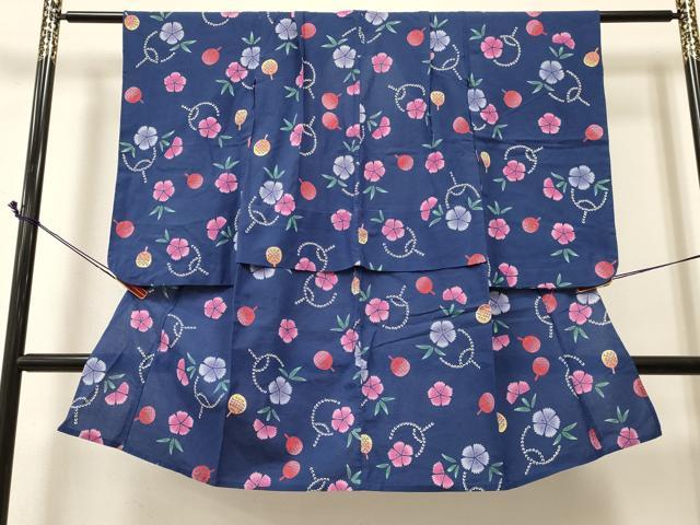 平和屋着物*夏物 浴衣 女の子 7歳 団扇 舞花文 綿 逸品 DABA3939ma