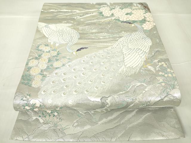 平和屋着物▼六通柄袋帯 唐織 孔雀花文 銀糸 正絹 逸品 DABA4023az