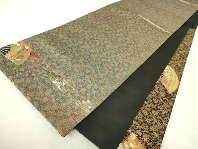 平和屋着物▼六通柄袋帯 唐織 扇面花蝶文 金糸 正絹 逸品 DABA4181az