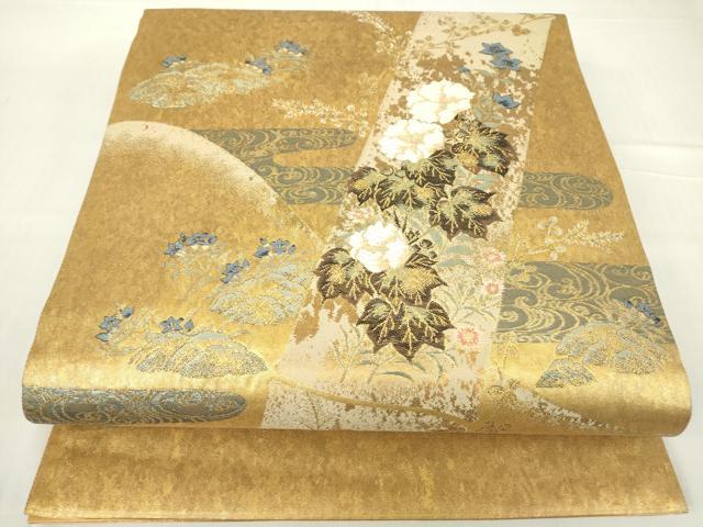 平和屋着物▼太鼓柄袋帯 芙蓉花観世水文 金糸 引箔 正絹 逸品 DABA4248az