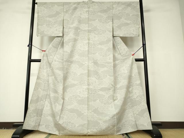 平和屋着物▽結城紬 単衣 雲取り吉祥文 100亀甲 正絹 逸品 DABA4300az