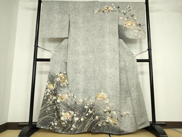 平和屋着物●訪問着 地紙枝花文 たたき染め 黒地 金彩 正絹 逸品 未使用 DABA4413az