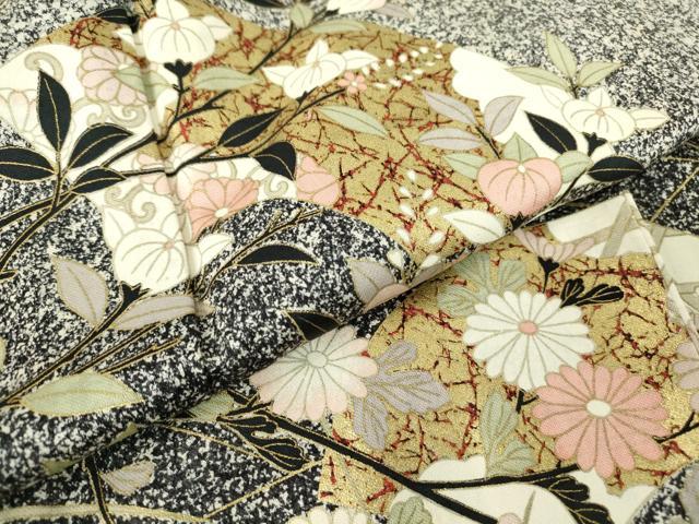 平和屋着物●訪問着 地紙枝花文 たたき染め 黒地 金彩 正絹 逸品 未使用 DABA4413az