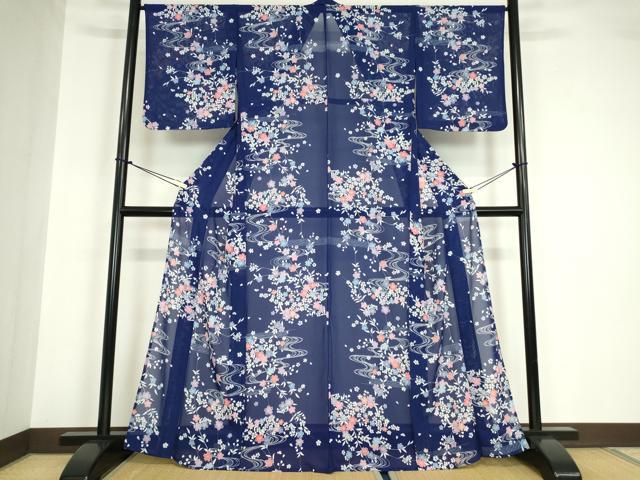 平和屋着物*夏物 小紋 絽 流水桜文 洗える着物 DABA4533az