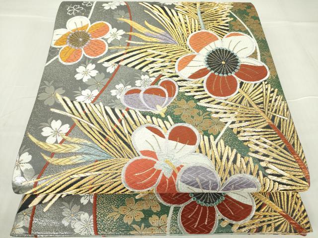 平和屋着物▼六通柄袋帯 若松春薫文 金銀糸 正絹 逸品 DABA4615az