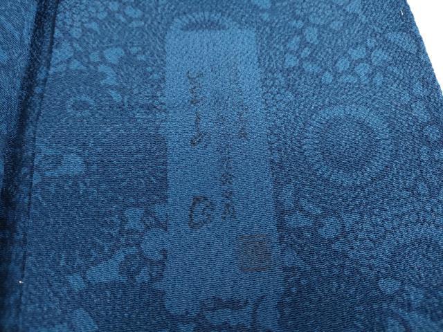 平和屋着物●阿波藍伝統工芸 金子正 本藍 型絵染 小紋 幾何学文 鬼しぼ縮緬 ロング丈 正絹 逸品 未使用 DABA4639az