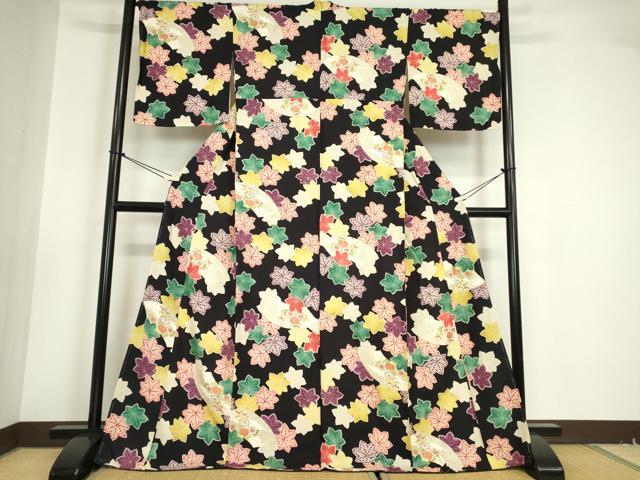 平和屋着物●上質な小紋 地紙楓文 黒地 金彩 正絹 逸品 未使用 DABA4713az