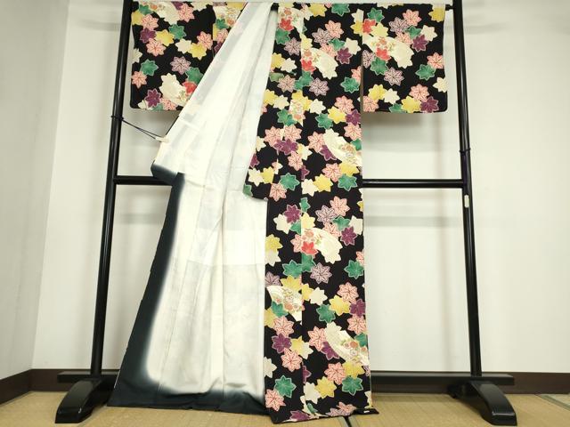 平和屋着物●上質な小紋 地紙楓文 黒地 金彩 正絹 逸品 未使用 DABA4713az