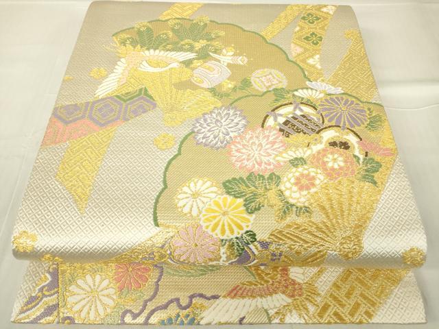 平和屋着物▼西陣 京洛苑たはら謹製 六通柄袋帯 慶寿 檜扇花鳥文 金糸 正絹 逸品 DABA4802az