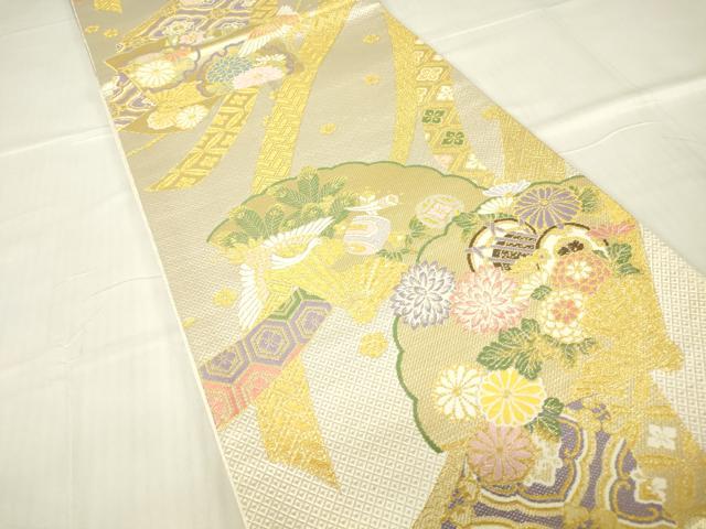 平和屋着物▼西陣 京洛苑たはら謹製 六通柄袋帯 慶寿 檜扇花鳥文 金糸 正絹 逸品 DABA4802az