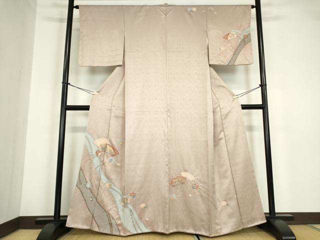 平和屋着物●訪問着 絞り 駒刺繍 扇面花文 金彩 正絹 逸品 DABA4826az