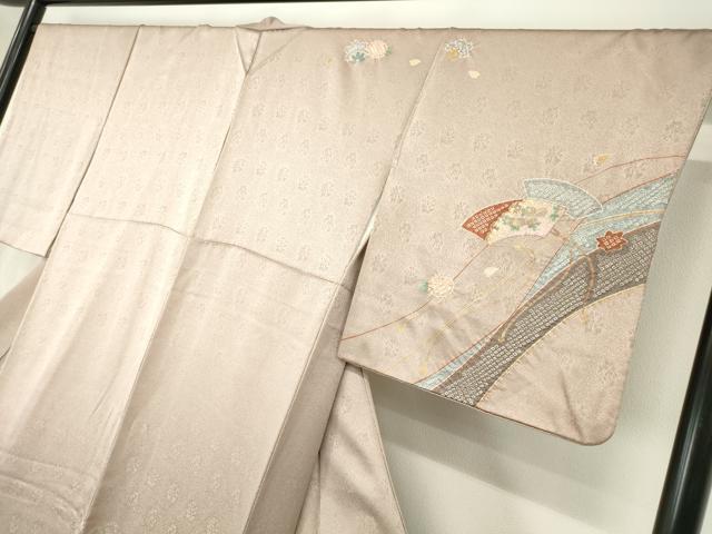 平和屋着物●訪問着 絞り 駒刺繍 扇面花文 金彩 正絹 逸品 DABA4826az