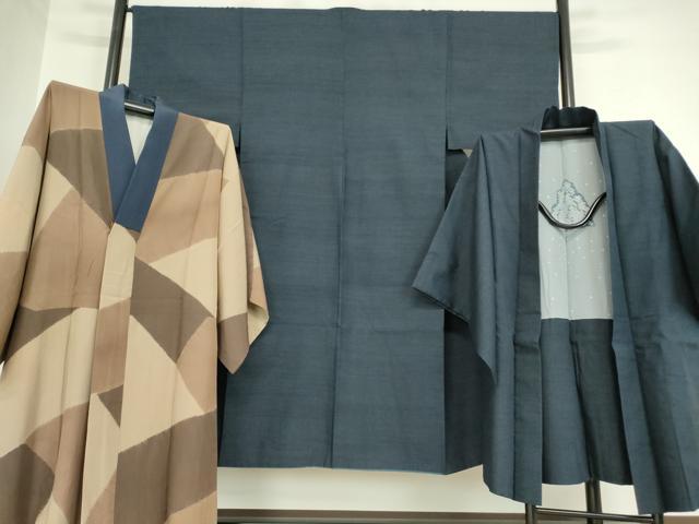 平和屋着物●男性 紬 アンサンブル 長羽織 長襦袢(袷)セット 留紺色 正絹 逸品 DABA4892az